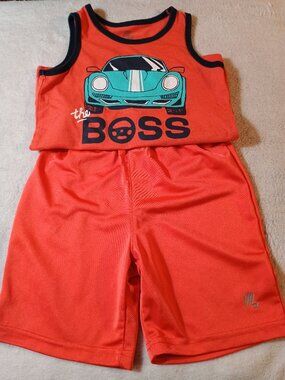 VGUC: Children's Place Sz 4T Orange Boss Race Car Tank Top & Shorts Outfit Set